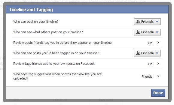 timeline and tagging options in facebook